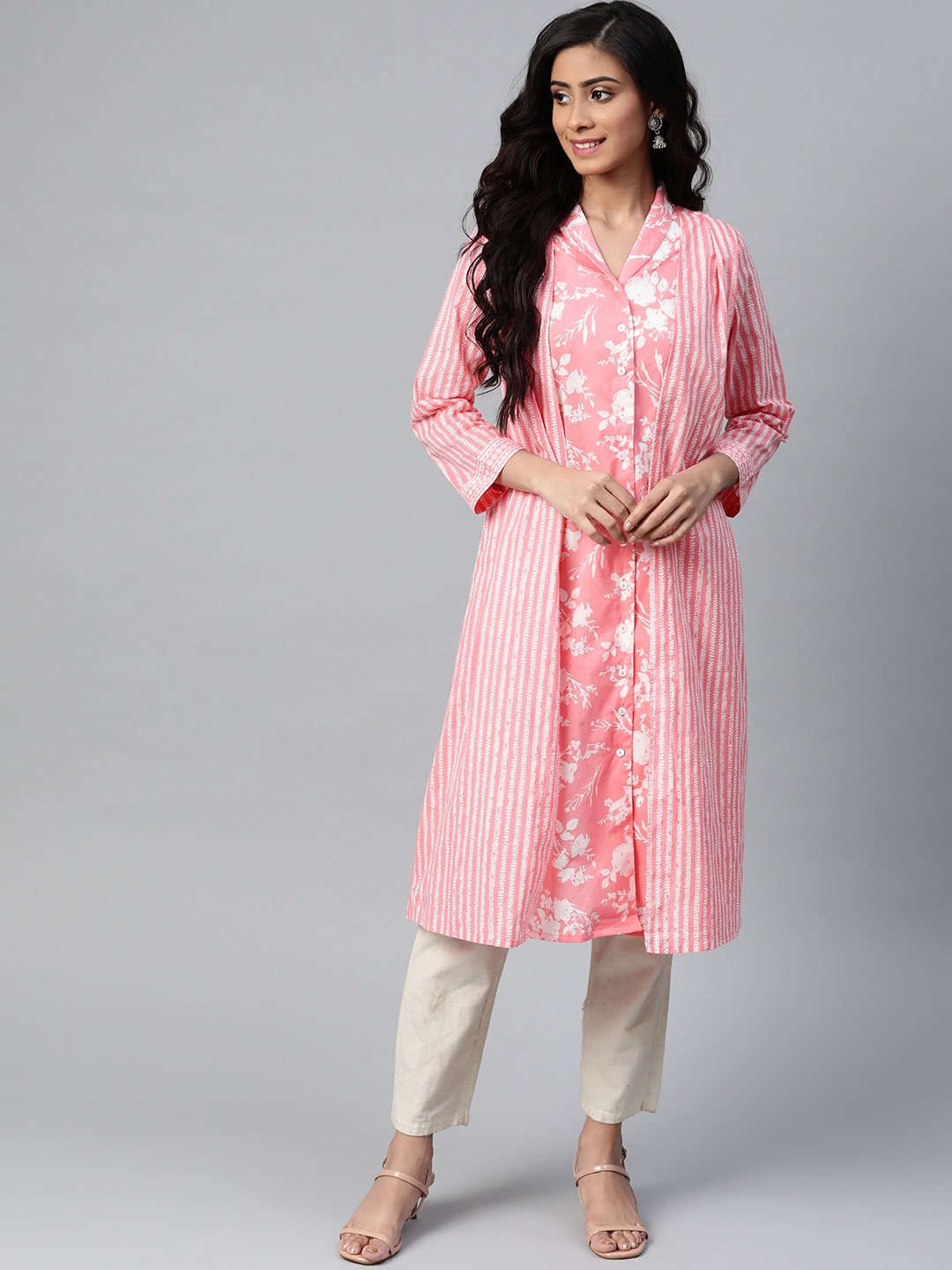 

Global Desi Women Pink & White Pure Cotton Printed Shawl Neck Layered A-Line Kurta