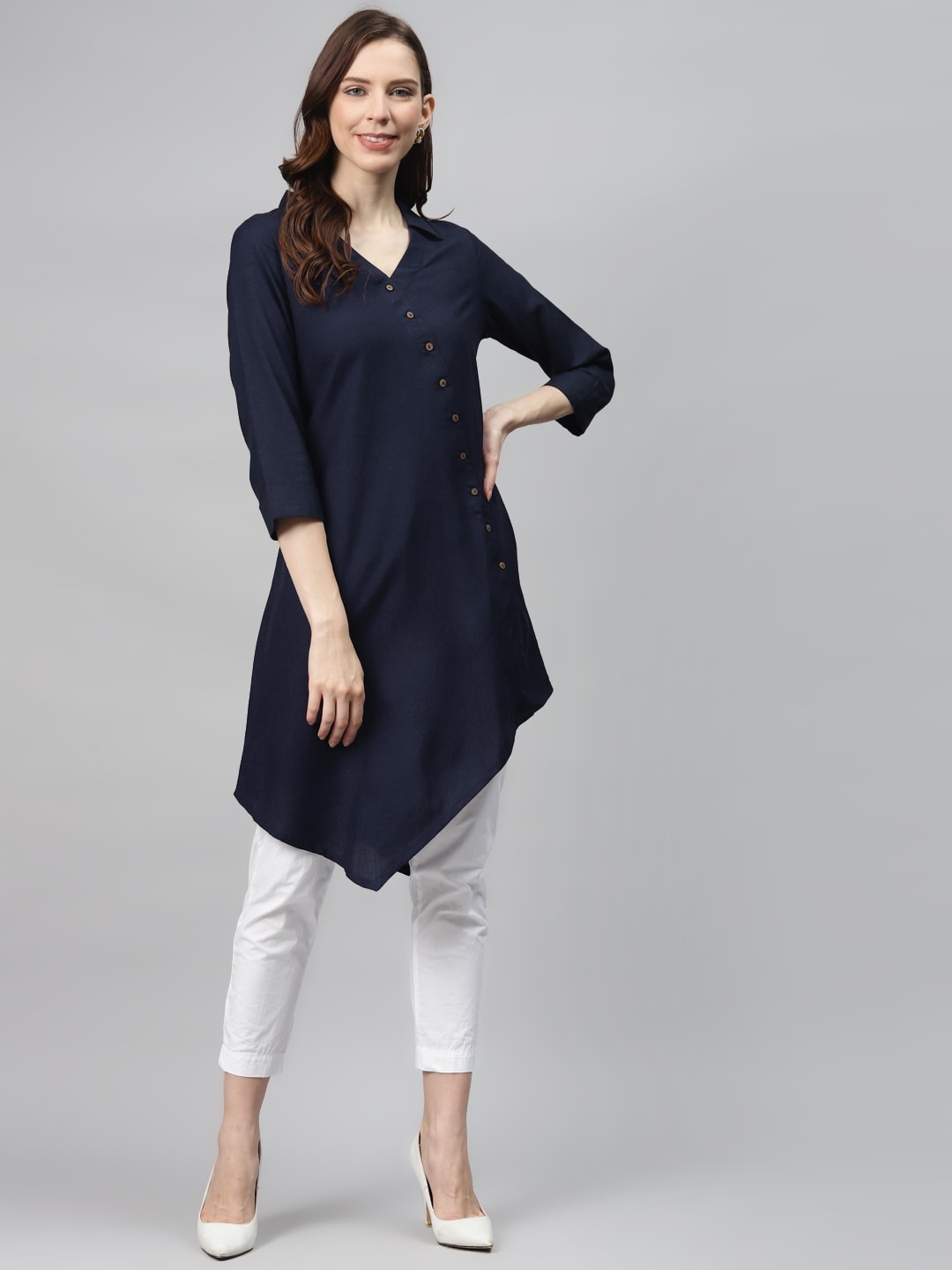 

Global Desi Eco-Vero Women Navy Blue Solid A-Line Kurta