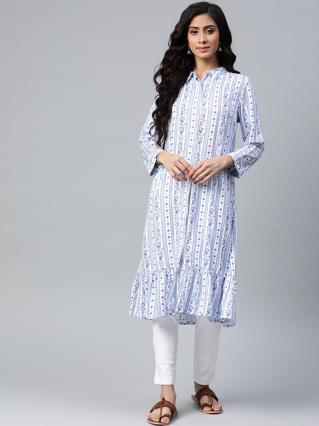 

Global Desi Women White & Blue Striped Roll-Up Sleeves A-Line Kurta