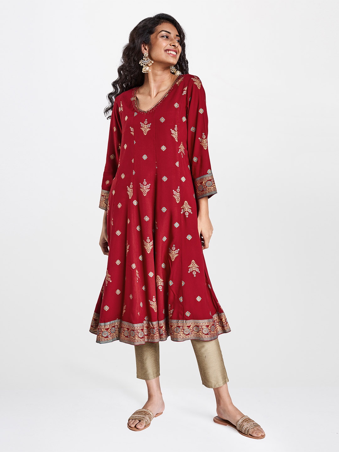 

Global Desi Women Maroon & Golden Printed Ecovero A-Line Kurta