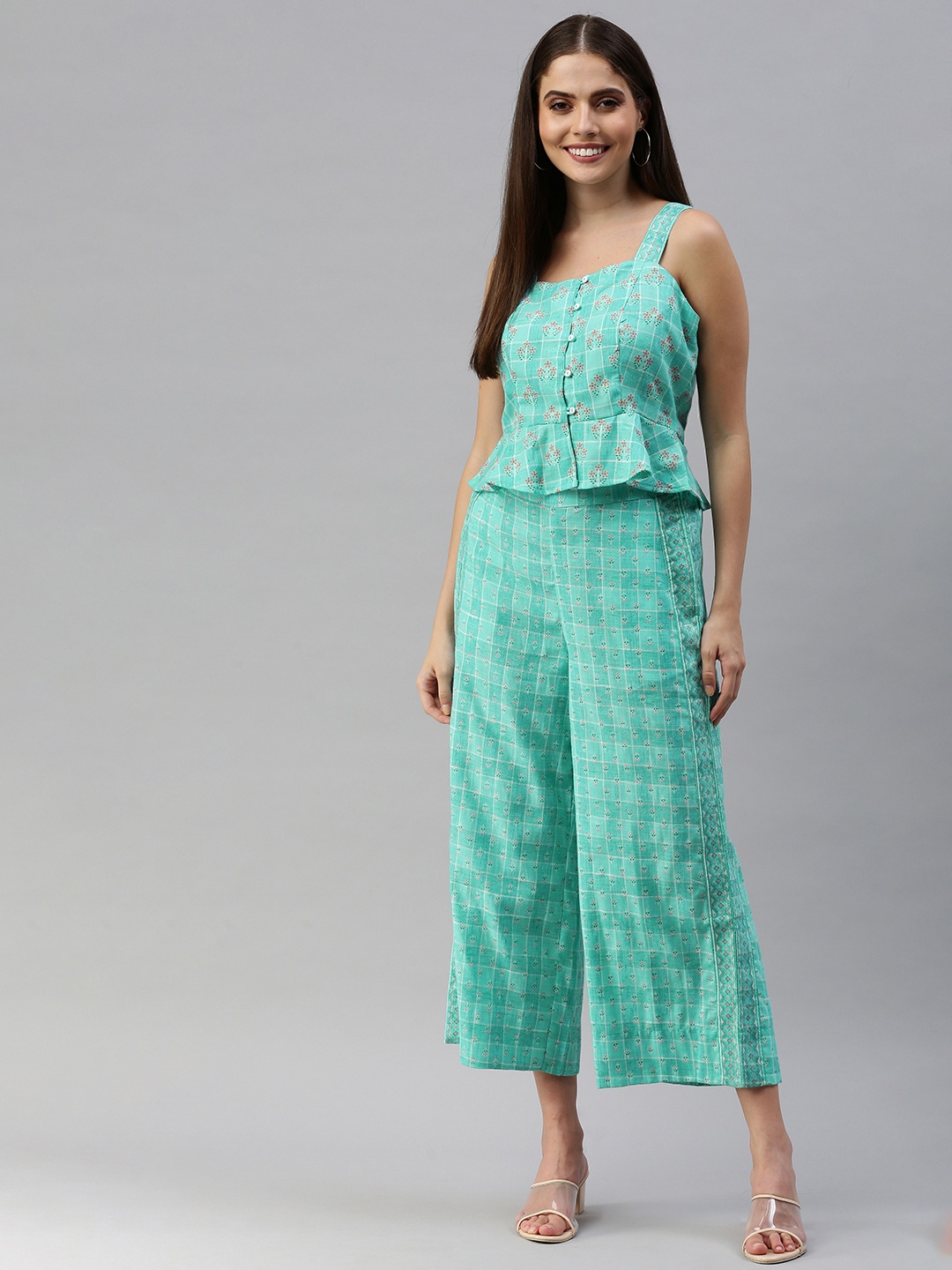 

Global Desi Women Sea Green & Orange Printed Cropped Top with Palazzos