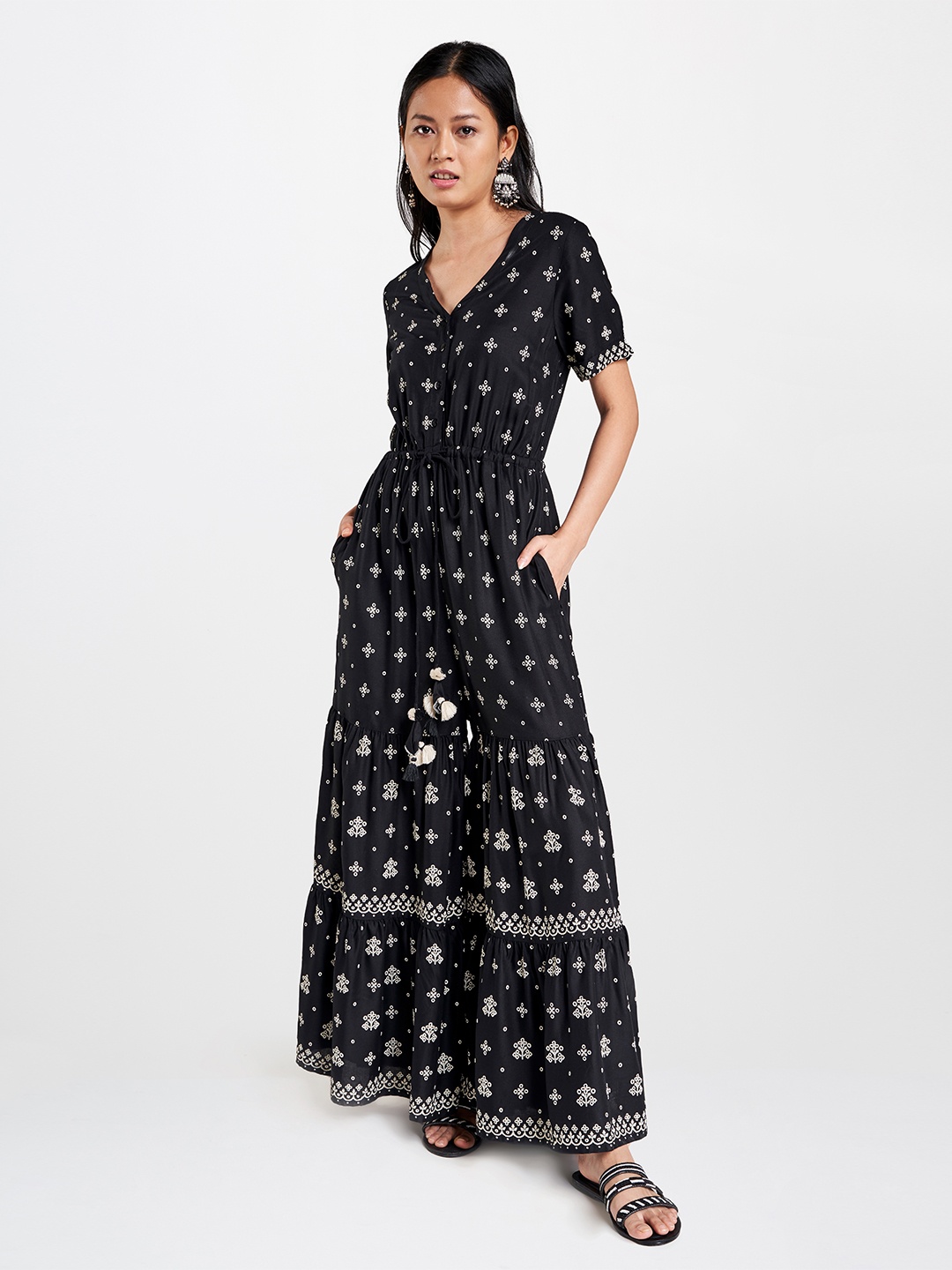 

Global Desi Women Black & White Printed EcoVero Basic Jumpsuit