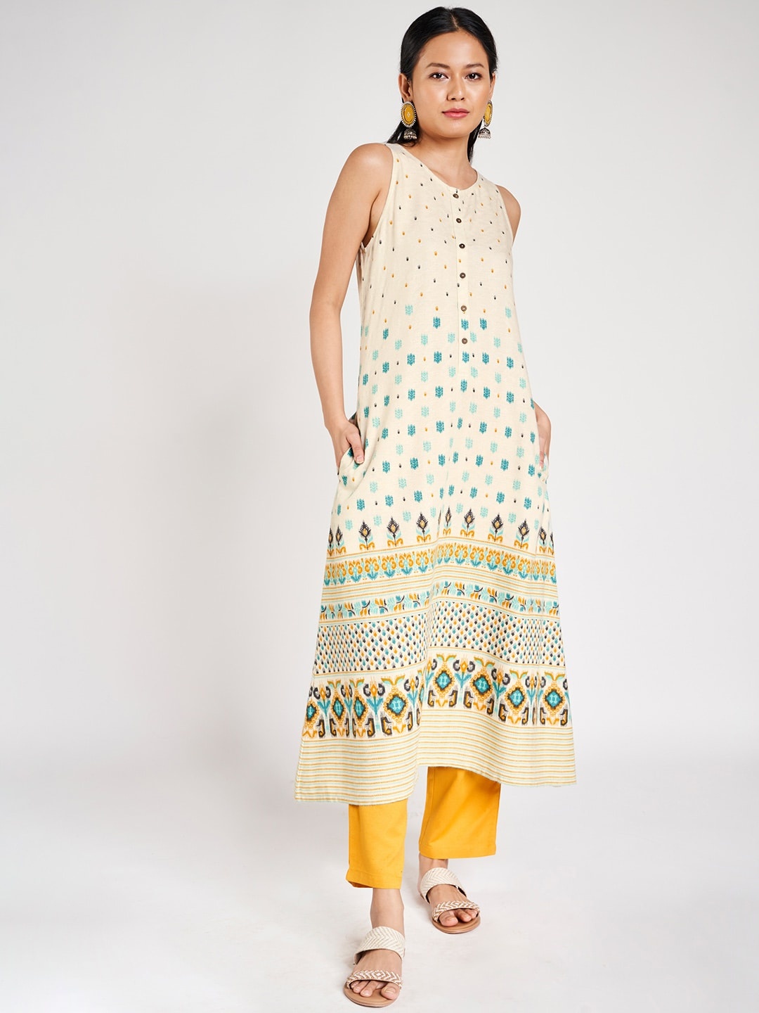 

Global Desi Women Cream-Coloured & Blue Woven Design A-Line Kurta