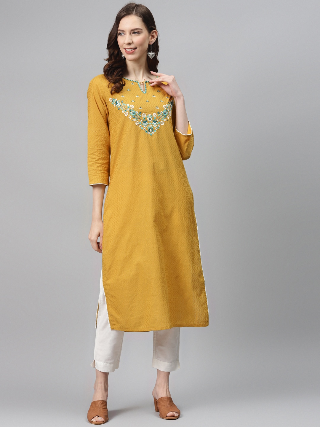 

Global Desi Women Mustard Yellow Pure Cotton Yoke Design Straight Kurta