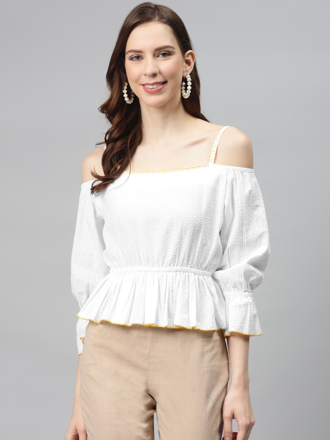 

Global Desi Women White Solid Pure Cotton Cinched Waist Top With Cold-Shoulder Sleeves