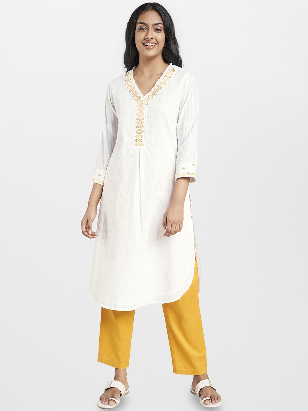 

Global Desi Women White Striped Ruffled Thread Work Kurta