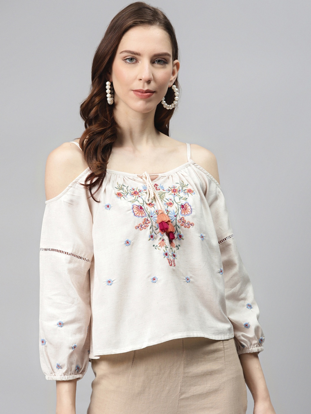 

Global Desi Eco Vero Women Off-White Embroidered Top With Cold-Shoulder Sleeves