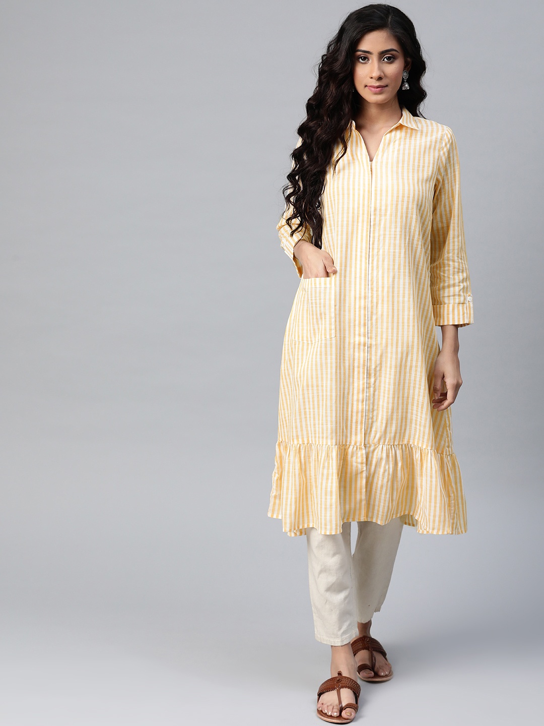 

Global Desi Women Yellow & White Pure Cotton Striped A-Line Kurta