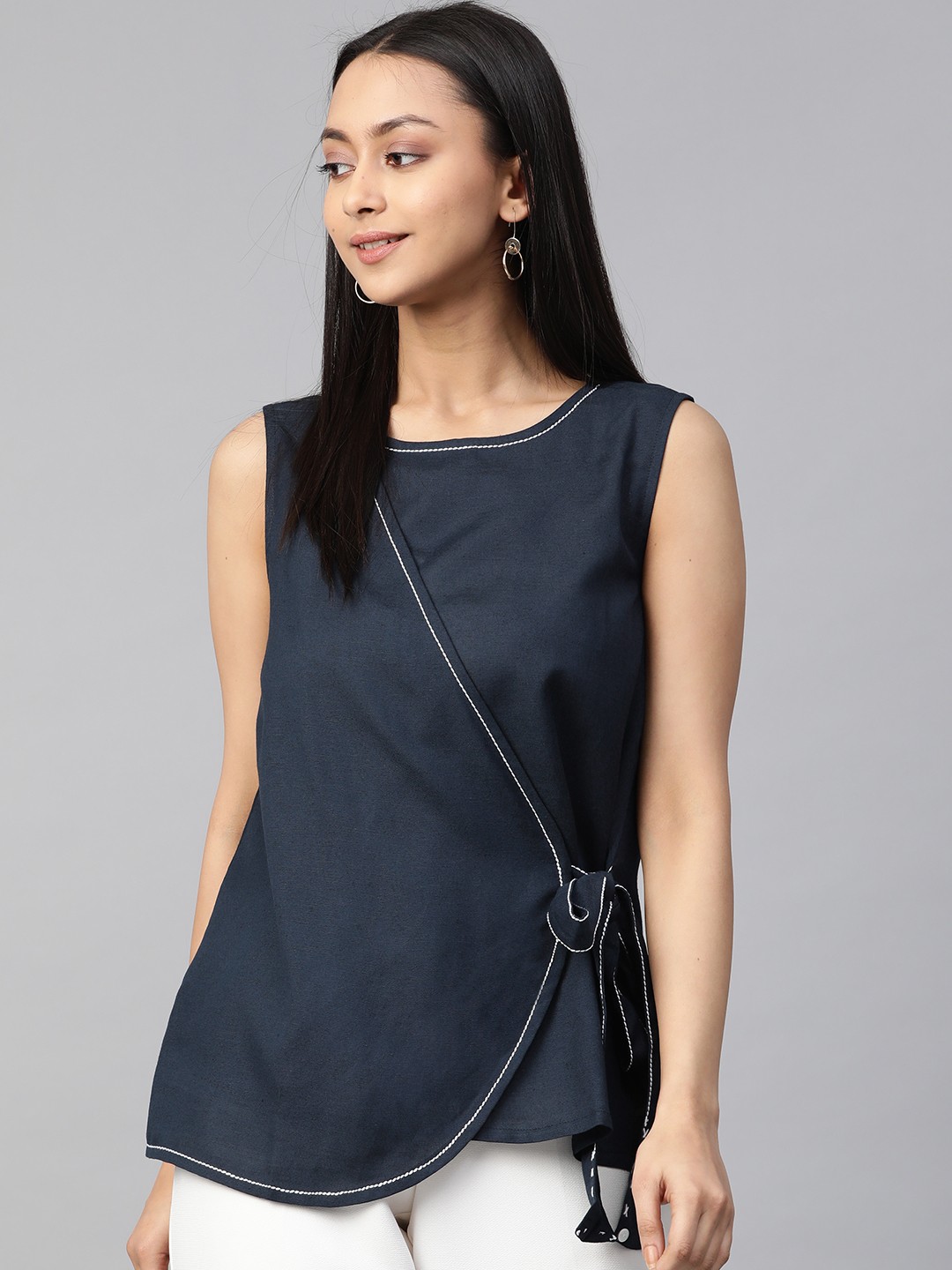 

Global Desi Navy Blue Sustainable Solid Wrap Top