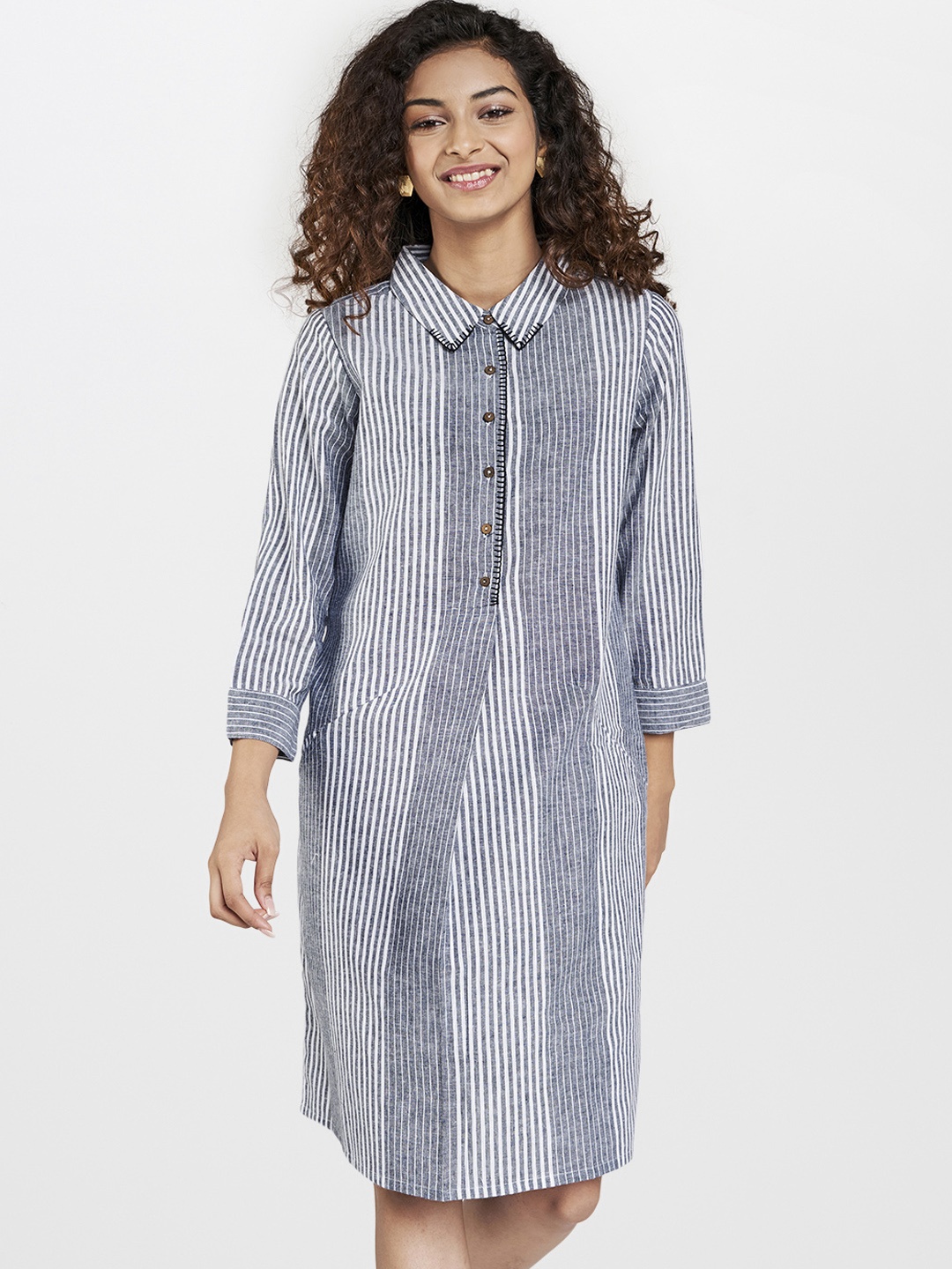 

Global Desi Grey & White Striped Pocket Detail Shirt Dress