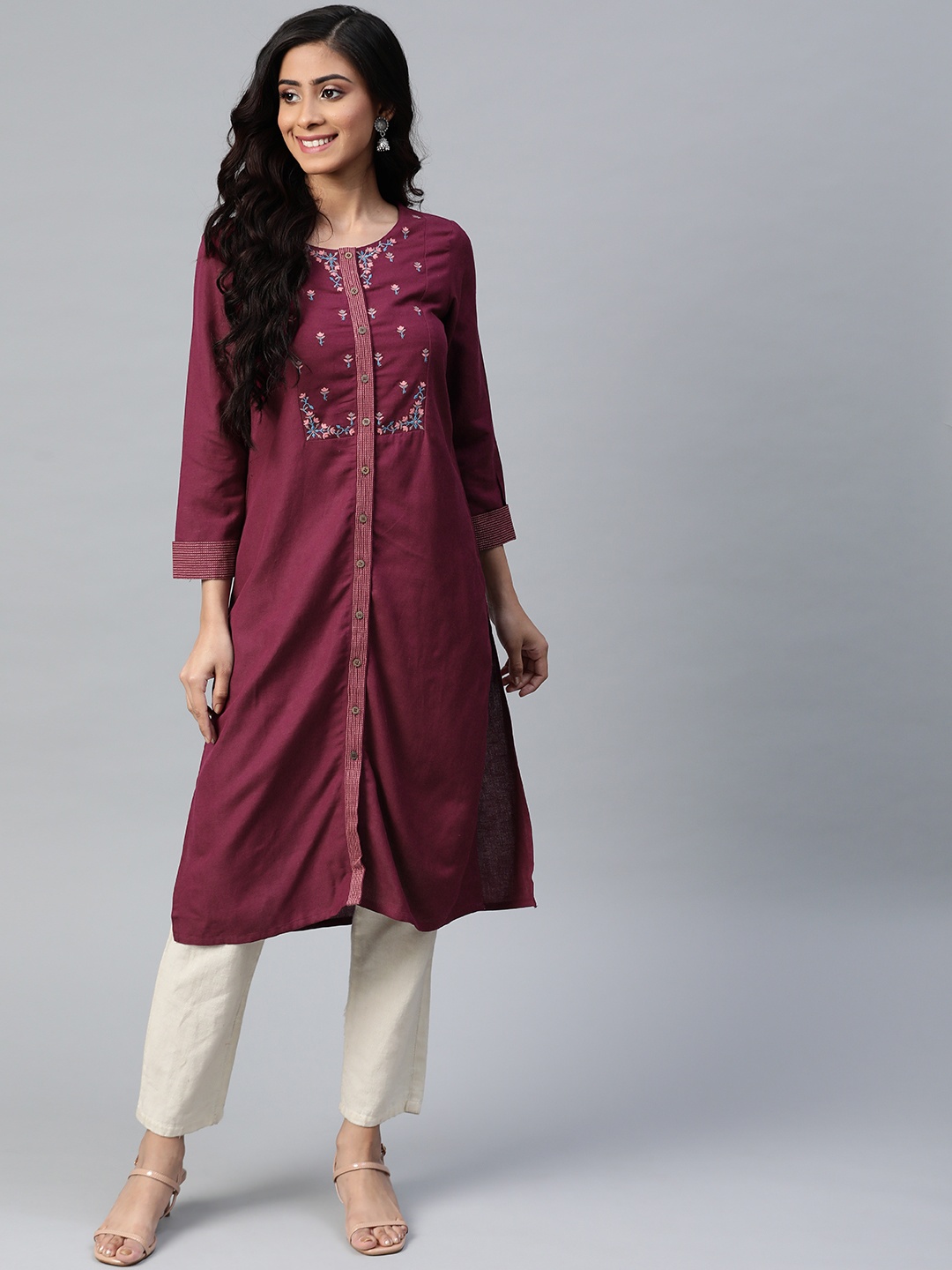 

Global Desi Women Magenta Eco Vero Ethnic Motifs Yoke Design Thread Work Straight Kurta