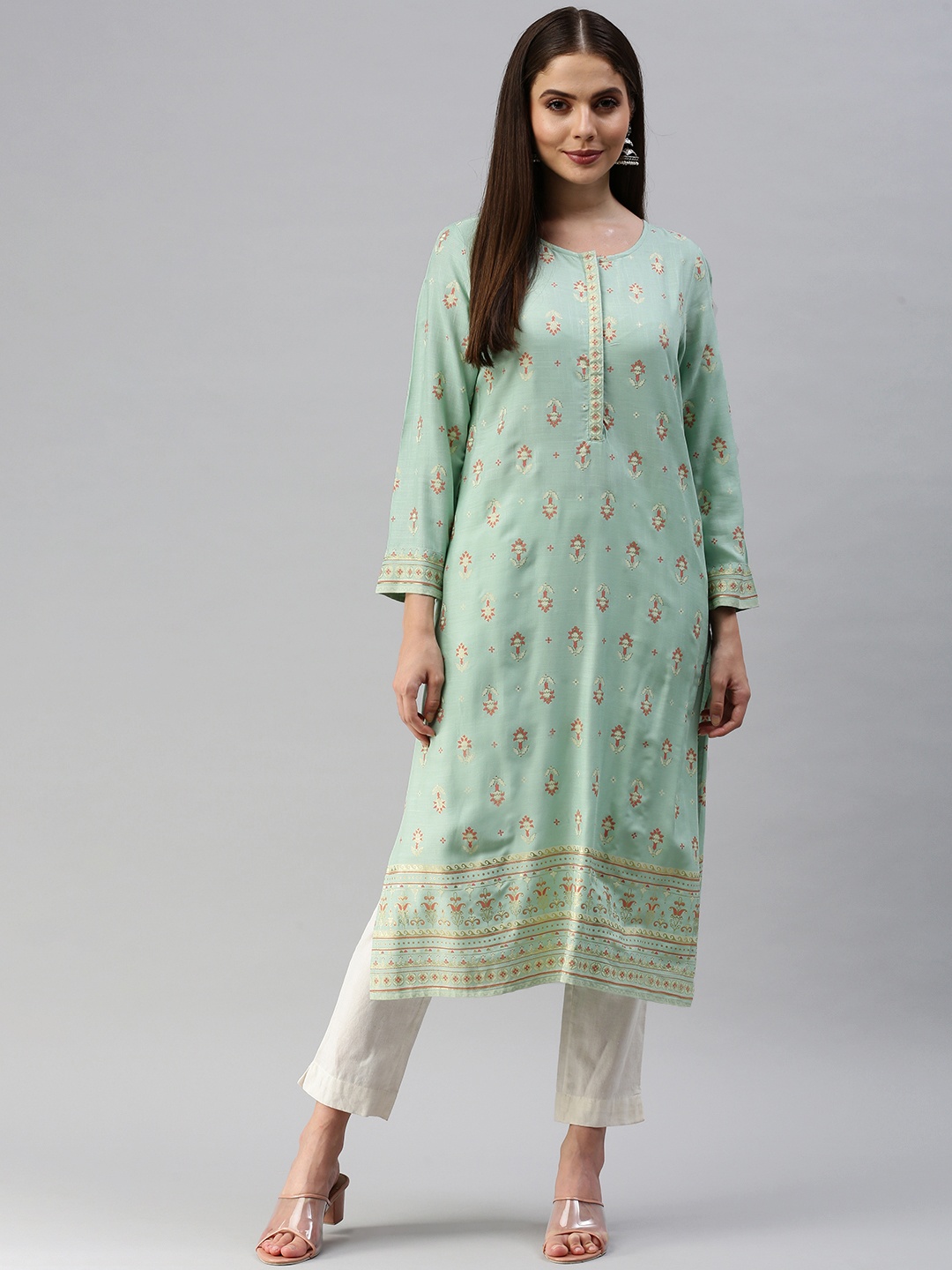 

Global Desi Women Sea Green & Orange Ethnic Motifs Printed Kurta