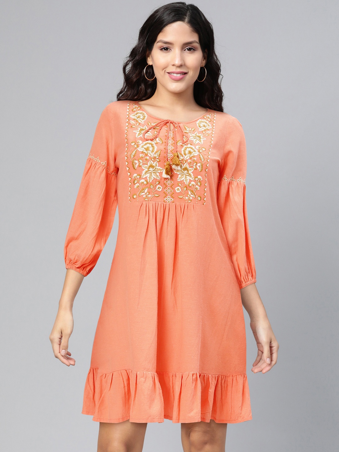 

Global Desi Women Coral Orange Yoke Embroidered A-Line Dress