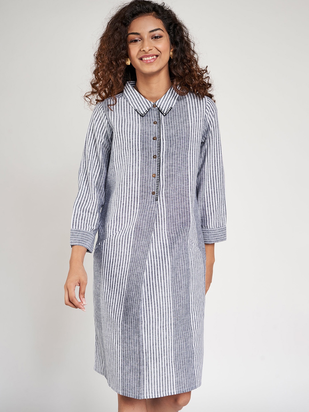 

Global Desi Women Navy Blue & White Striped Pure Cotton Shirt Dress
