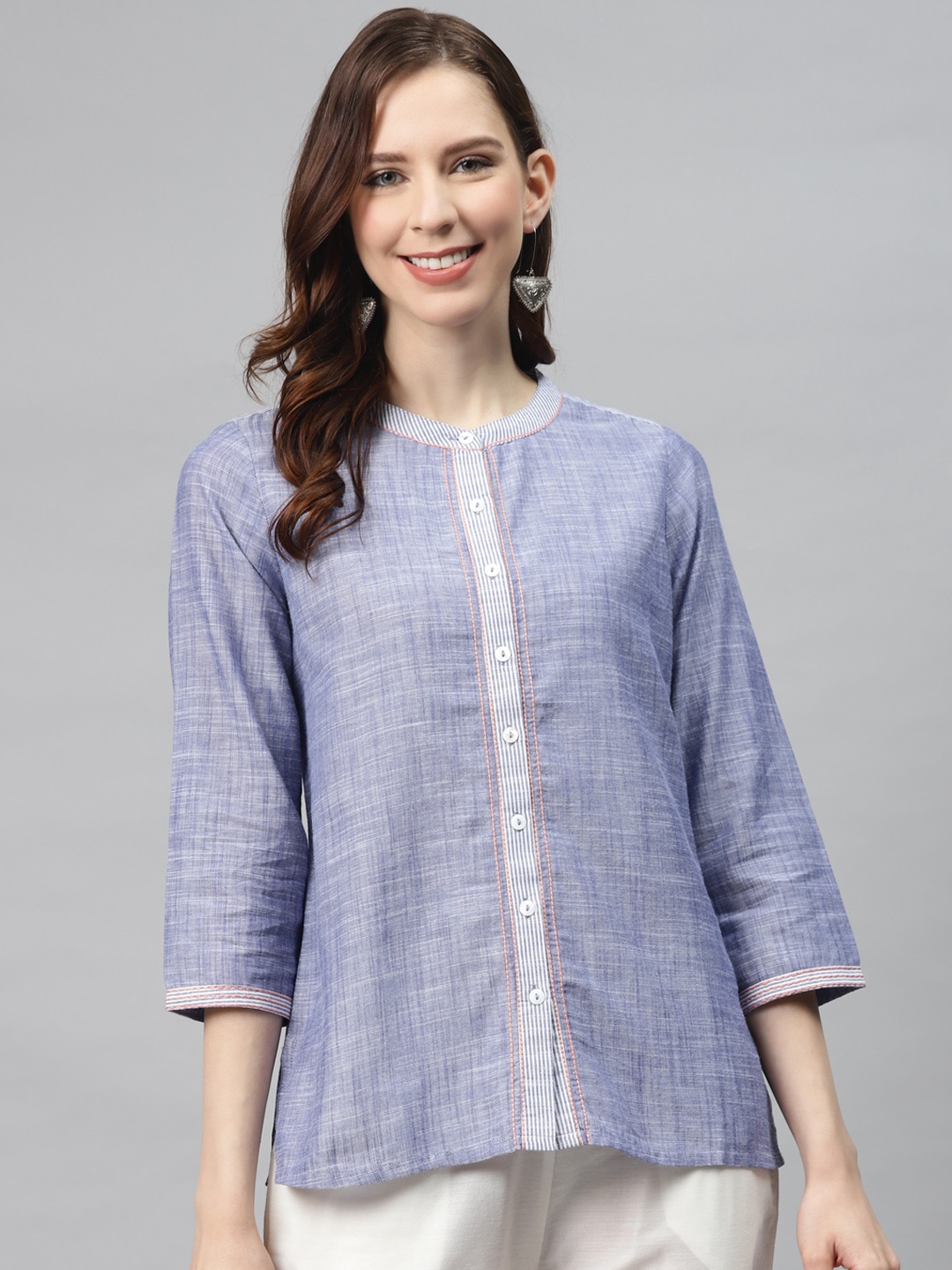 

Global Desi Women Blue Self Design Pure Cotton Shirt Style Top