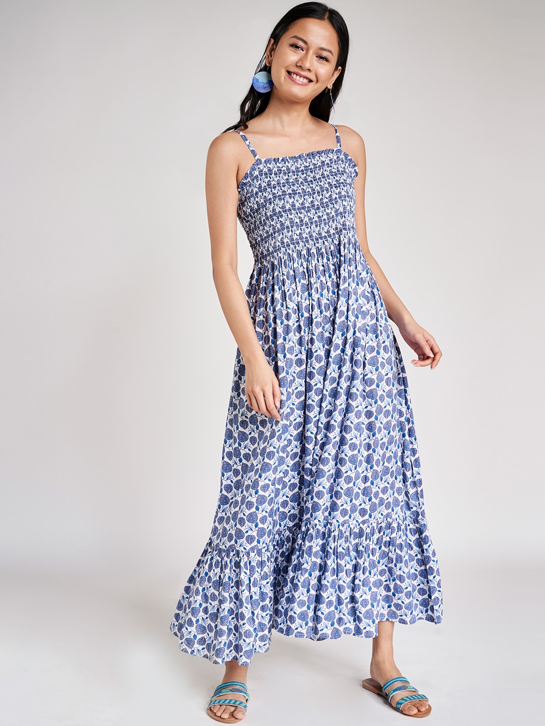 

Global Desi Eco Vero Women Blue & White Printed Maxi Dress With Smock Detail