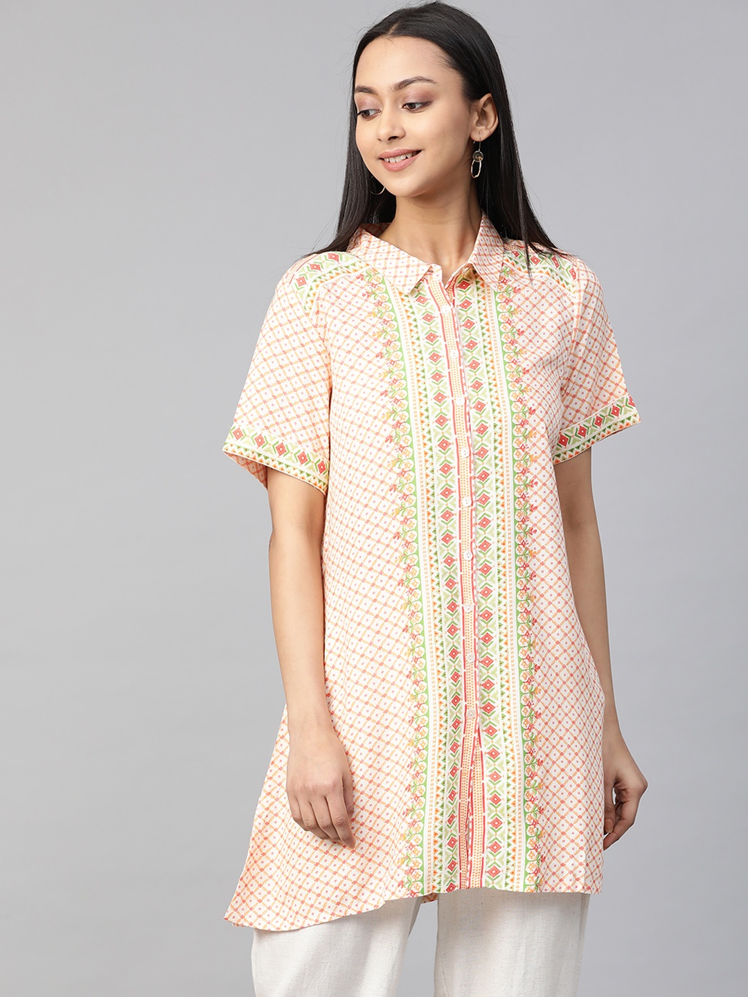 

Global Desi Women's Cream-Coloured & Orange Printed Ecovero Tunic