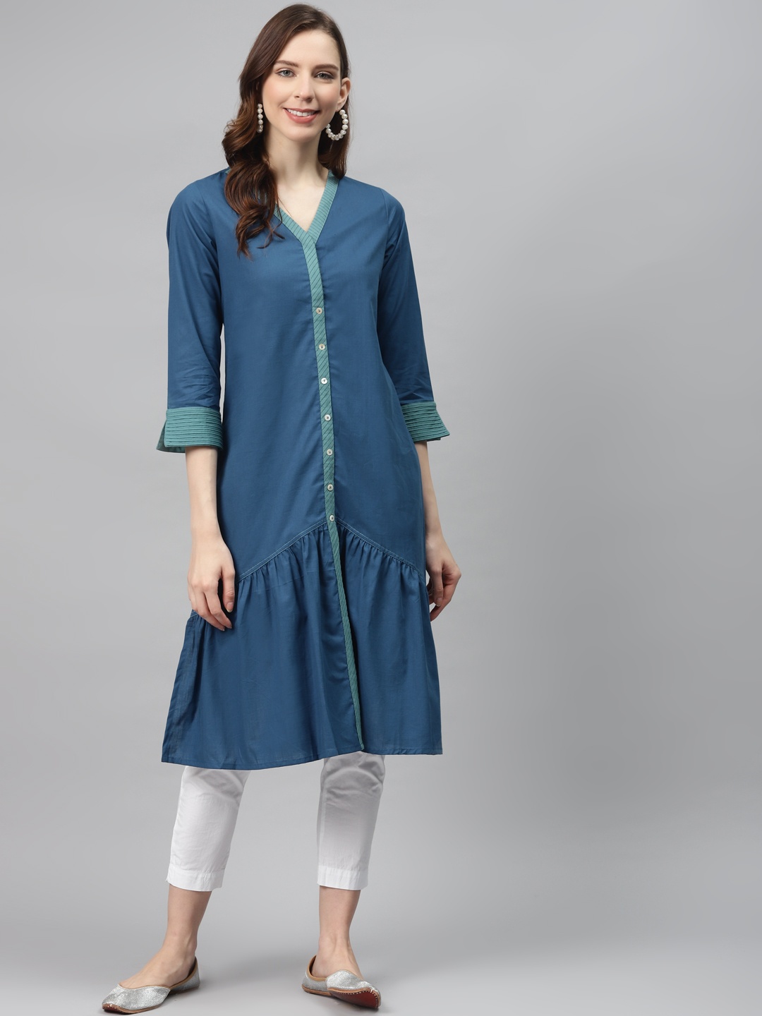 

Global Desi Women Navy Blue Solid Pure Cotton A-Line Kurta