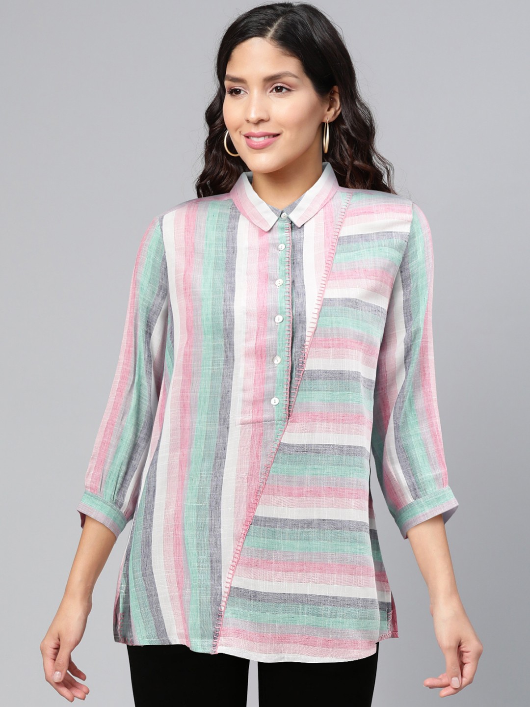 

Global Desi Pink & Sea Green Striped Pure Cotton Cuffed Sleeves Shirt Style Top