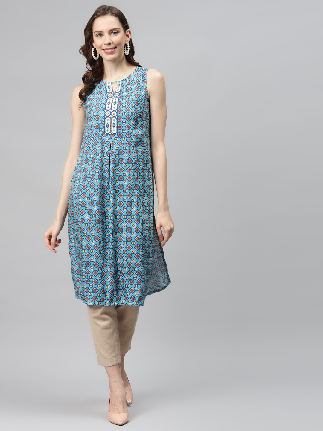 

Global Desi Women Ecovero Blue & Orange Printed Straight Kurta