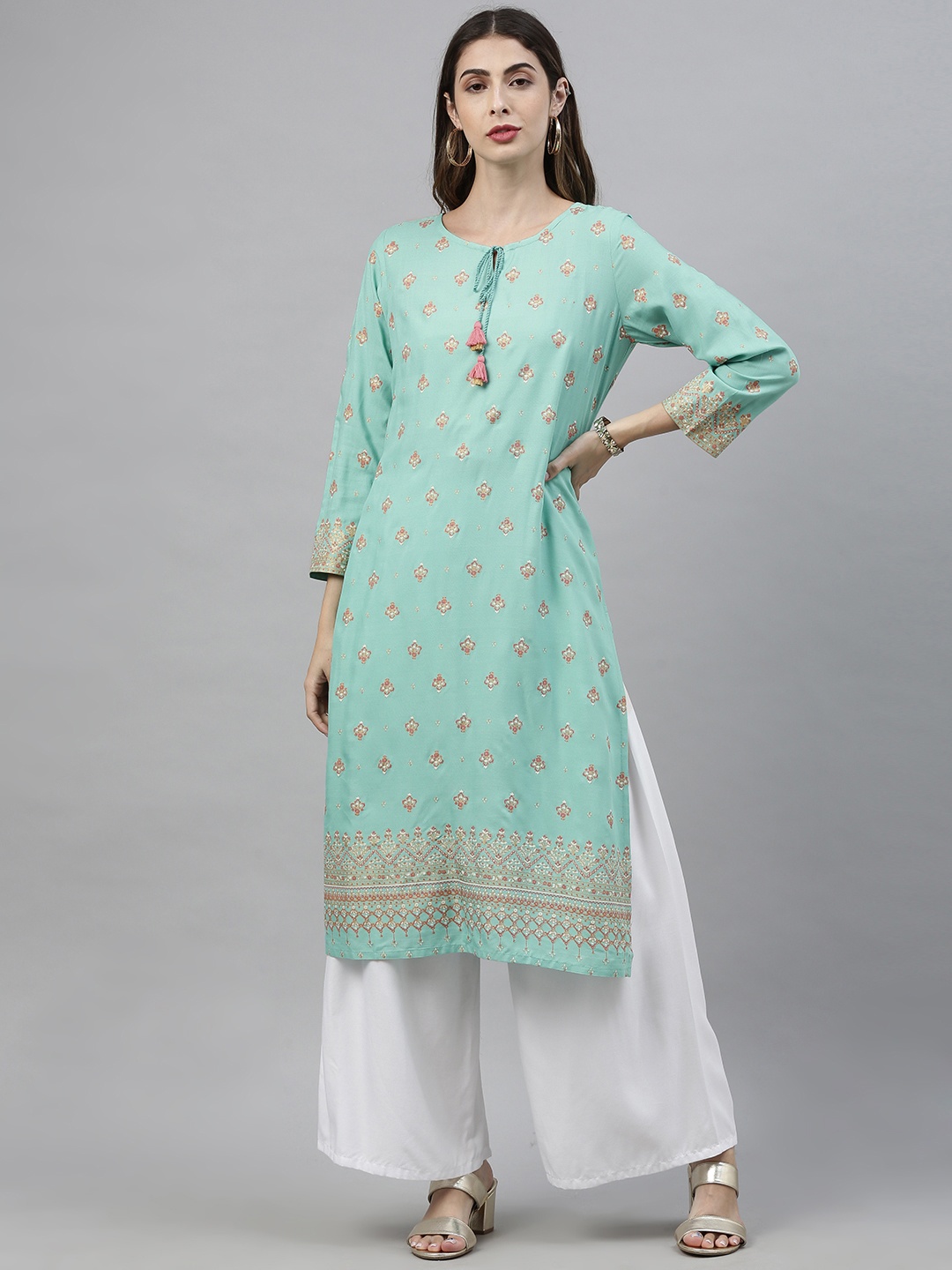 

Global Desi Women Sea Green & Pink Ethnic Motifs Printed Kurta