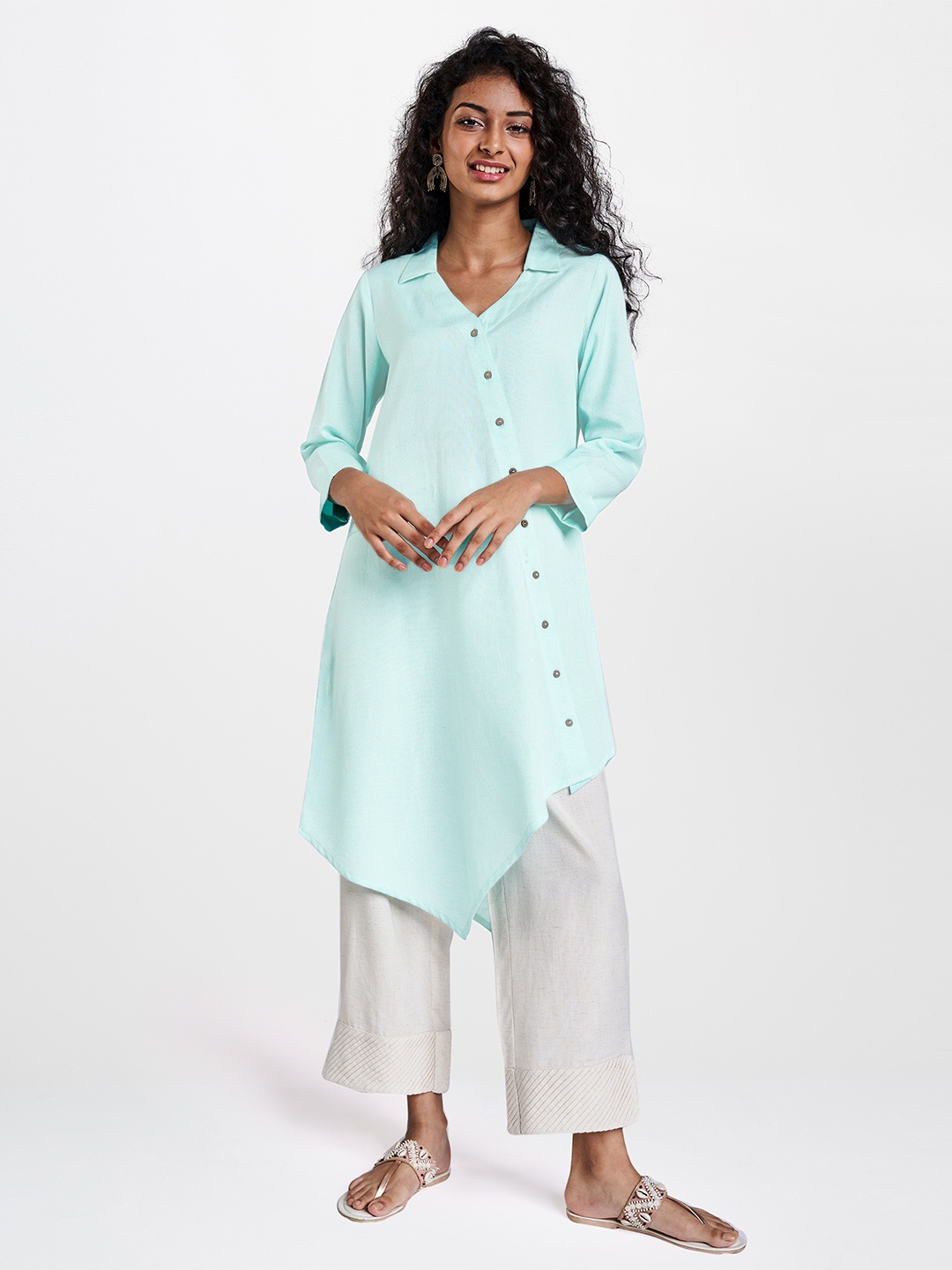 

Global Desi Eco Vero Women Blue Solid Asymmetric Fusion Kurta