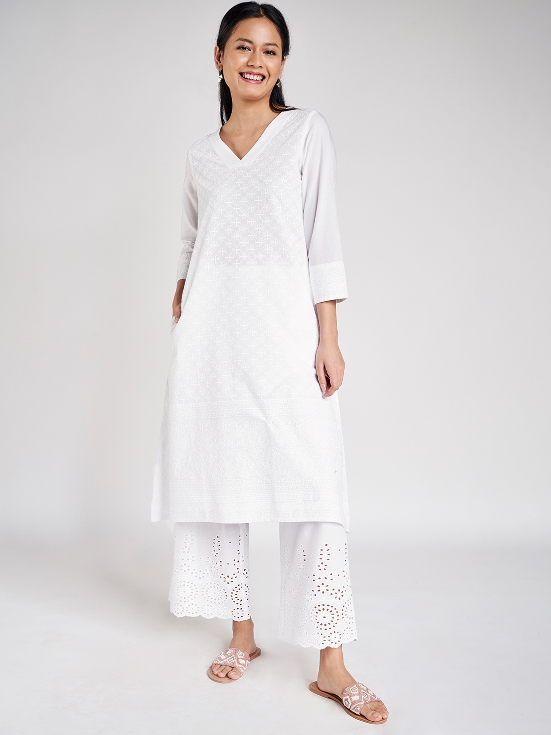 

Global Desi Women White Pure Cotton Embroidered A-Line Kurta