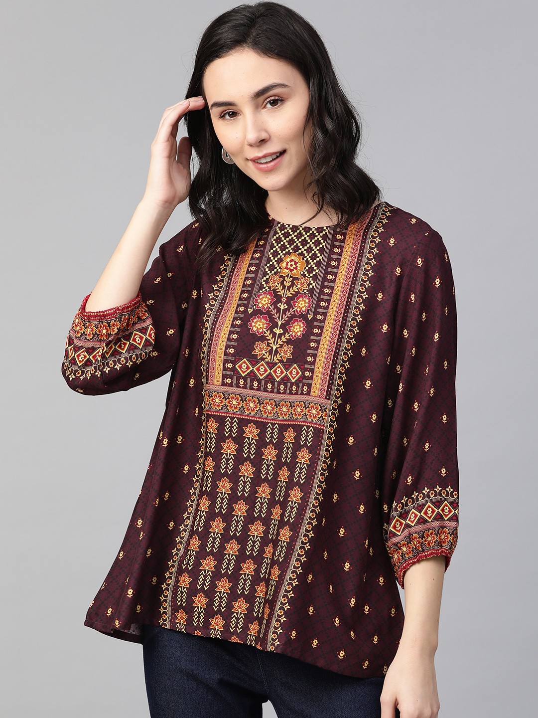 

Global Desi Purple & Orange Sustainable Printed Puff Sleeves Top