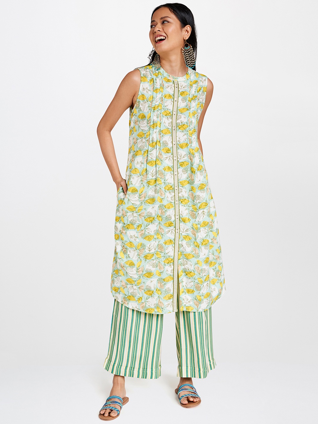

Global Desi Women White & Yellow Floral Printed Kurta