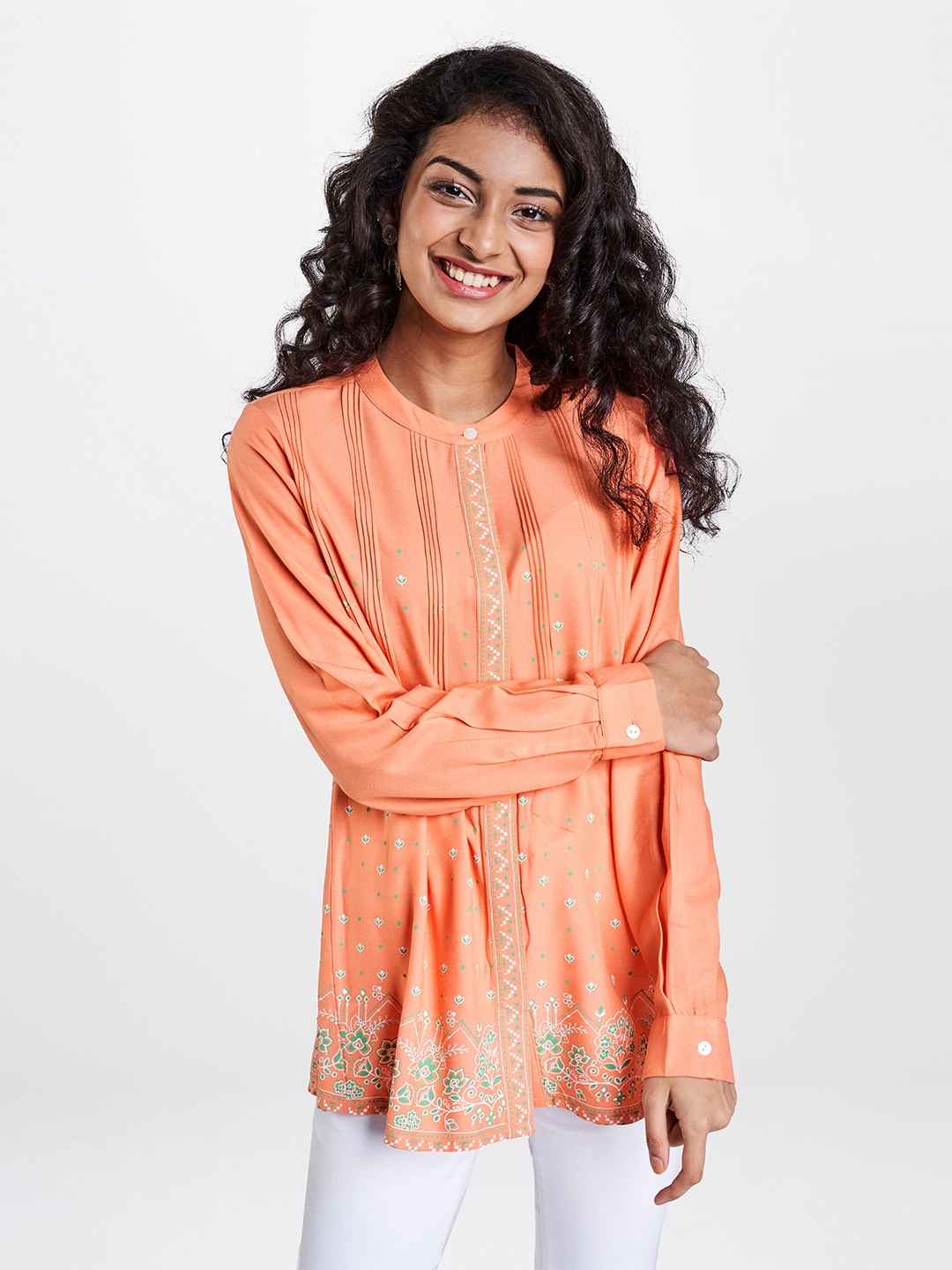 

Global Desi Peach-Coloured & Green Floral Mandarin Collar A-Line Top