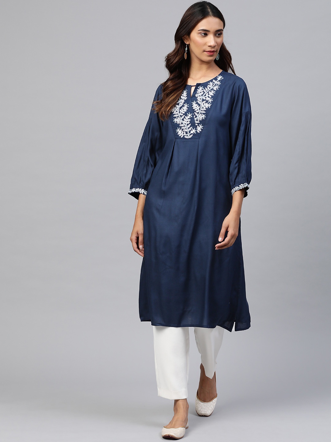 

Global Desi Women Navy Blue Yoke Design Ecovero Keyhole Neck Thread Work Kurta