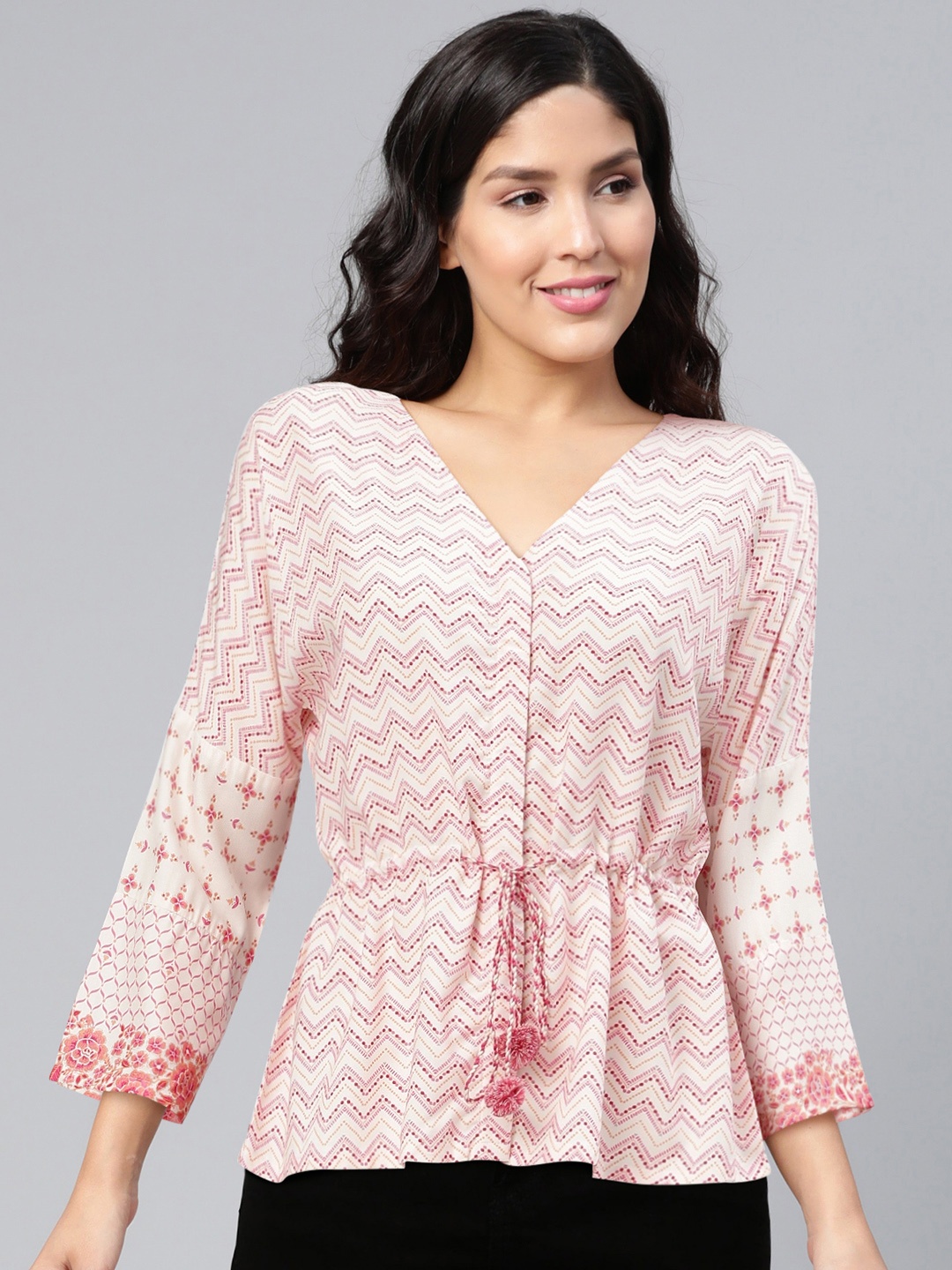 

Global Desi Off White & Pink Geometric Printed EcoVero A-Line Top