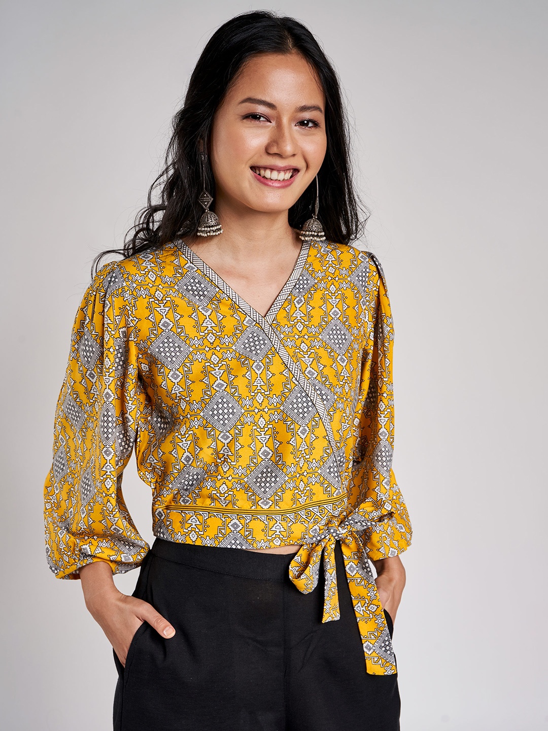 

Global Desi Women Mustard Yellow & White Sustainable Eco Vero Printed Wrap Cropped Top