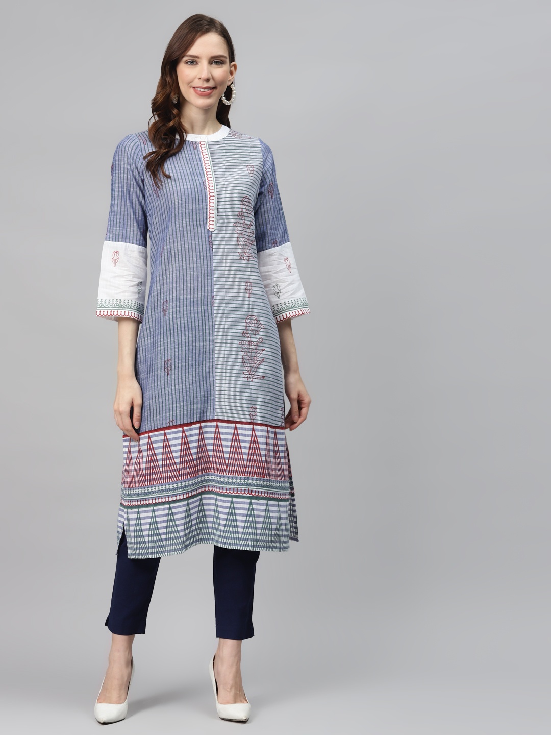 

Global Desi Women Blue & Off-White Pure Cotton Striped Straight Kurta with Handblock Print