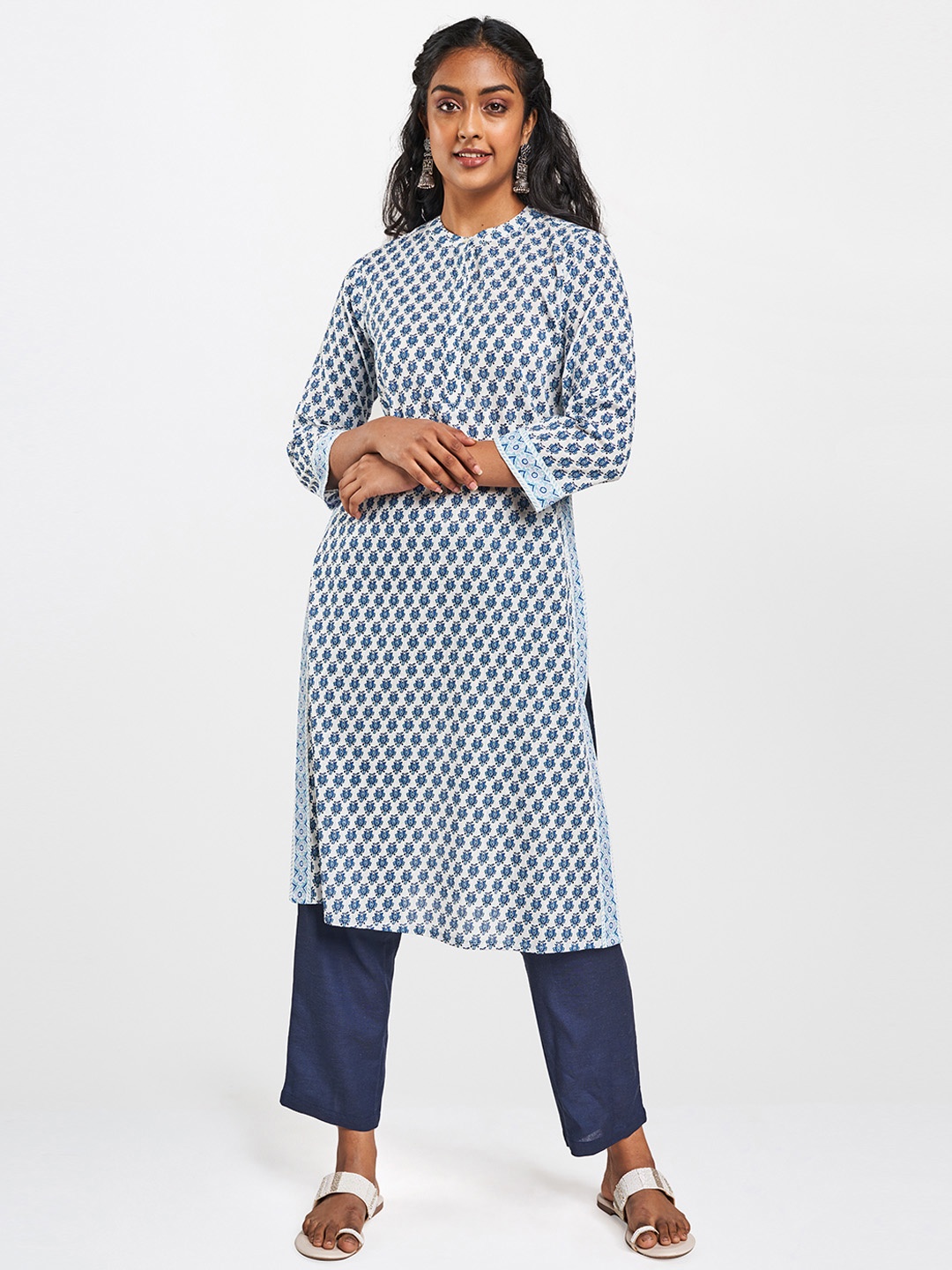 

Global Desi Women Off White & Blue Ethnic Motifs Printed Kurta With Crushed Effect
