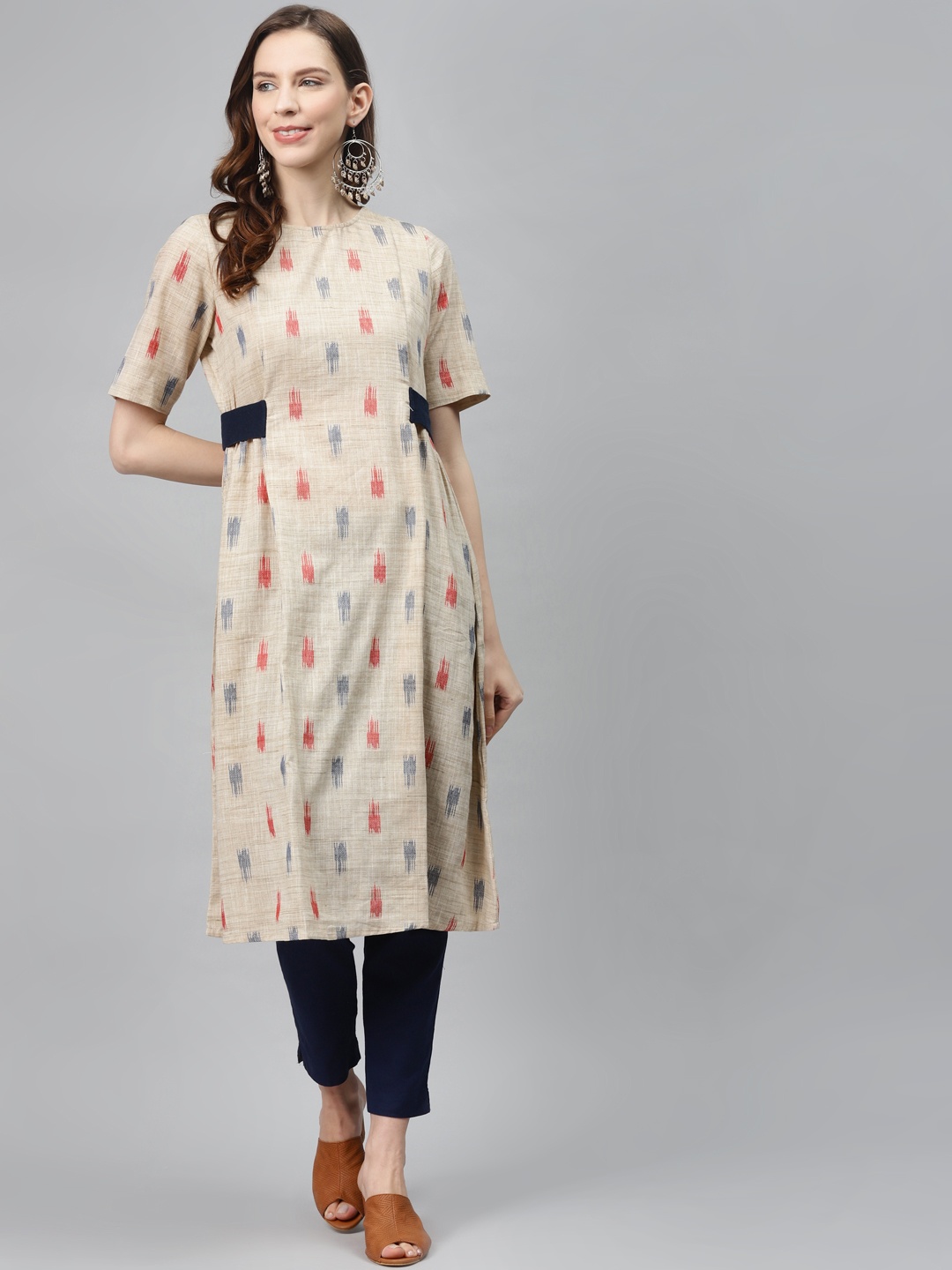

Global Desi Women Beige & Blue Printed A-Line Kurta