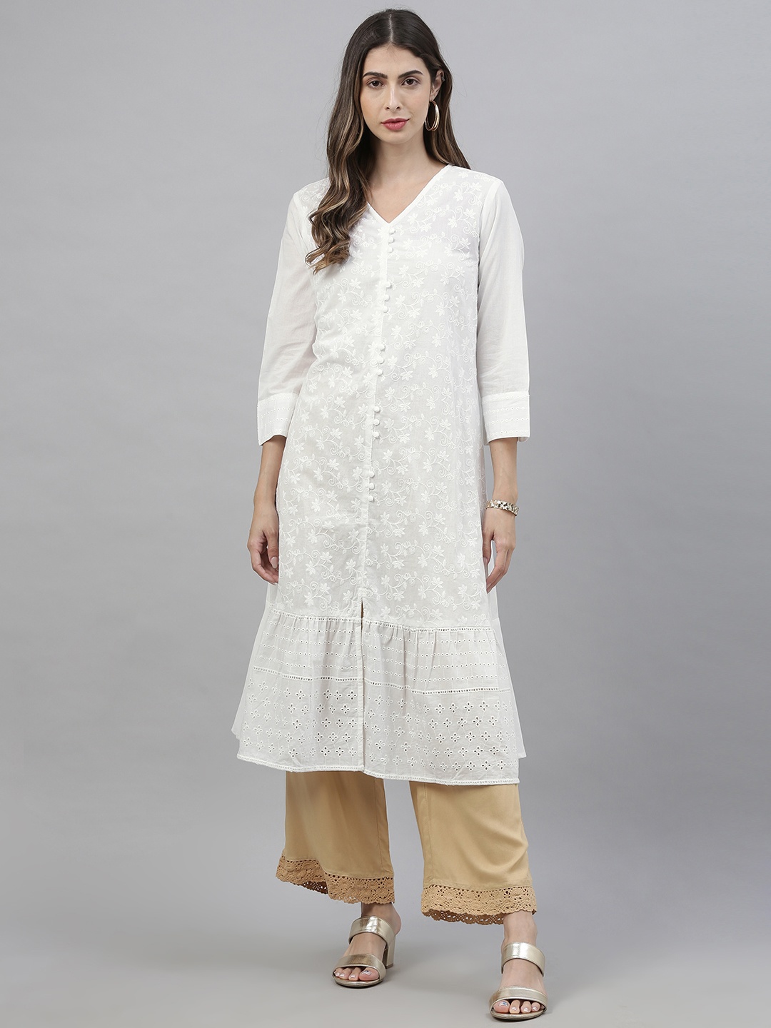 

Global Desi Women White Floral Embroidered Kurta