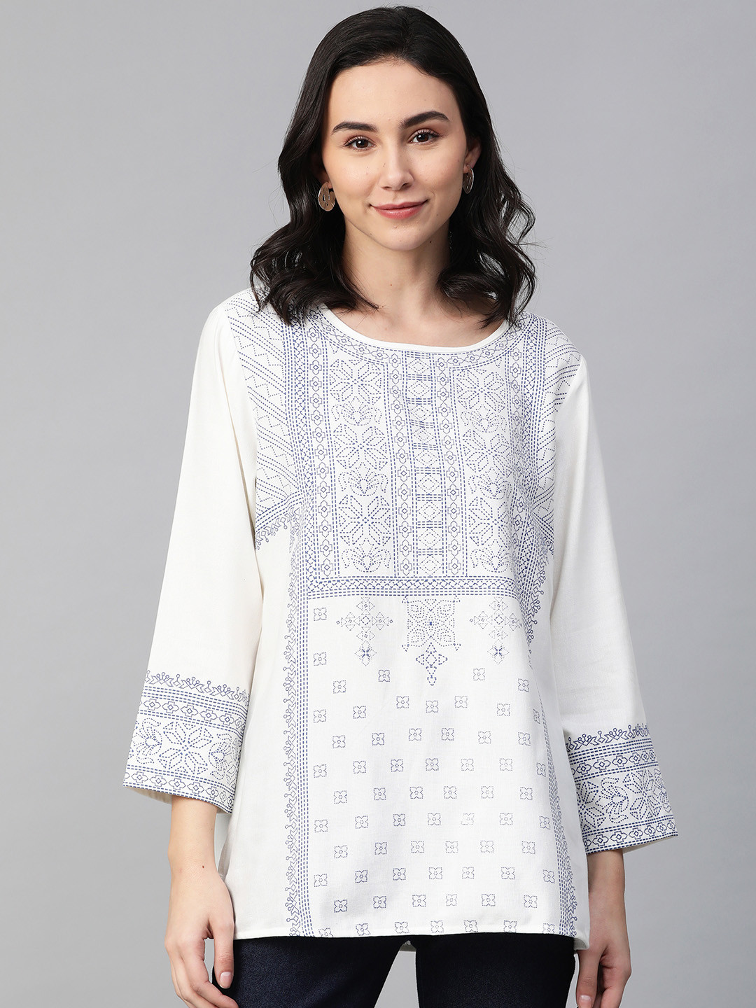 

Global Desi White & Navy Blue Sustainable Printed Top