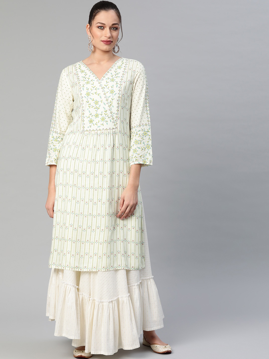 

Global Desi Women Off White & Green Ethnic Motifs Printed Kurta