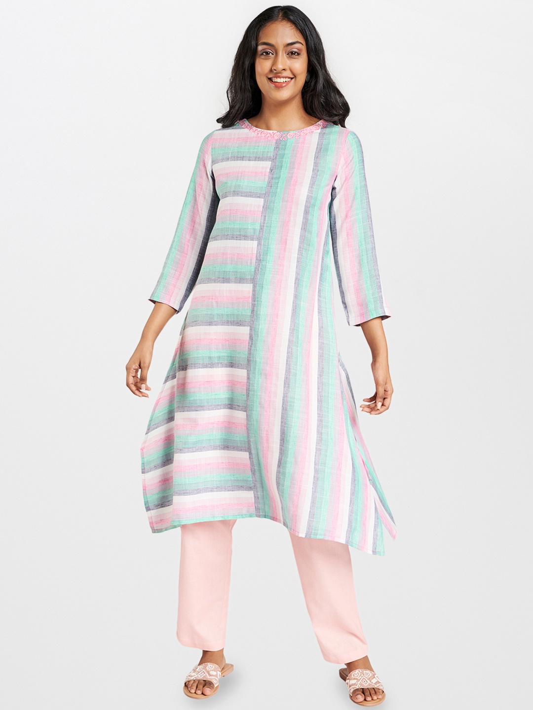 

Global Desi Women Green & Pink Pure Cotton Striped A-Line Kurta