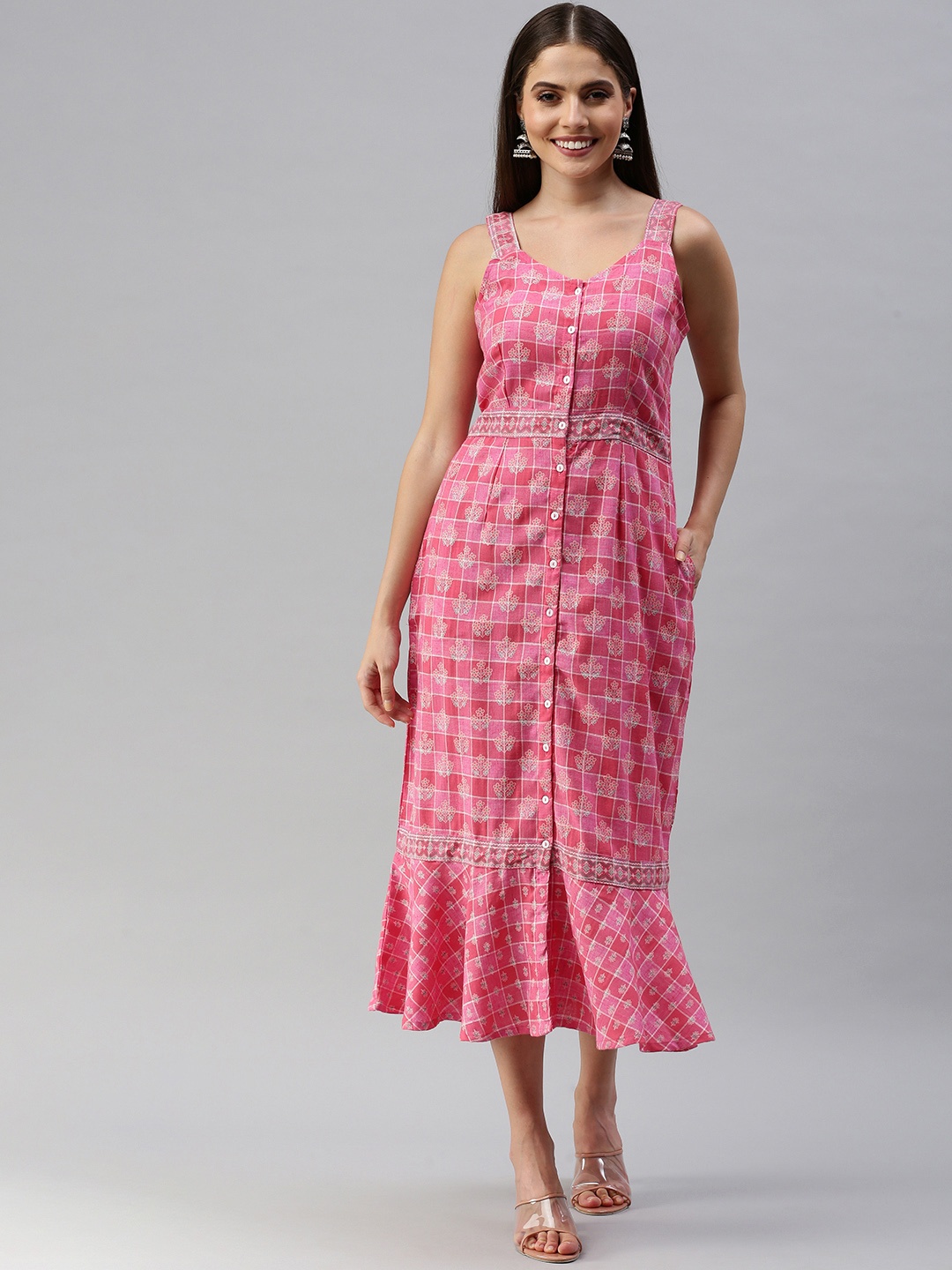 

Global Desi Women Pink & White Floral Printed A-Line Midi Dress