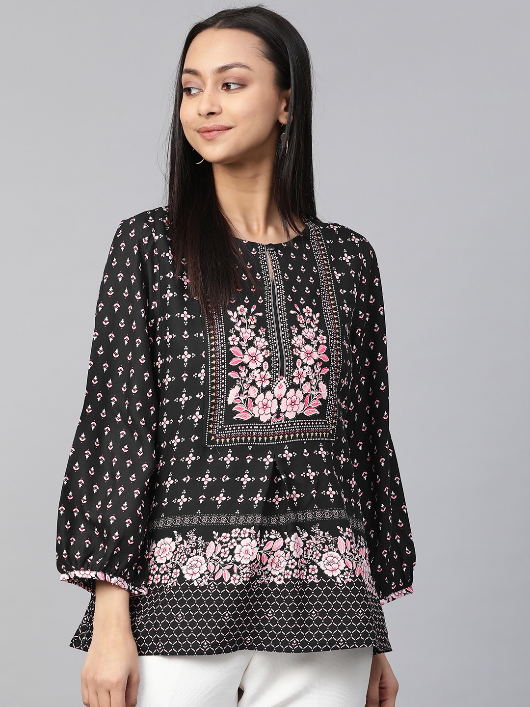 

Global Desi Black & Pink Sustainable Printed Keyhole Neck Puff Sleeves Top