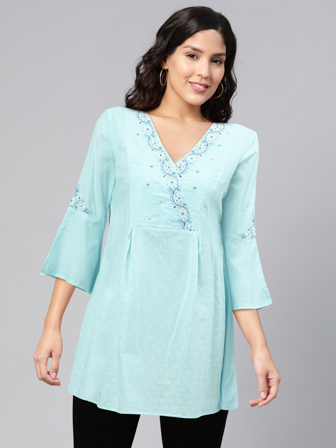 

Global Desi Women Sustainable Blue Self Design Wrap Tunic