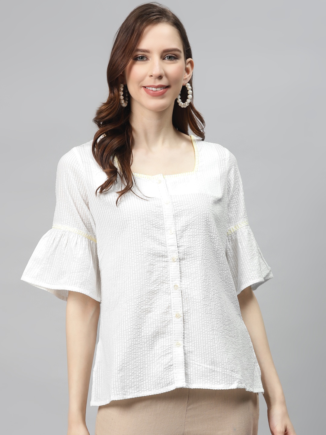

Global Desi Women White Seersucker Striped Top