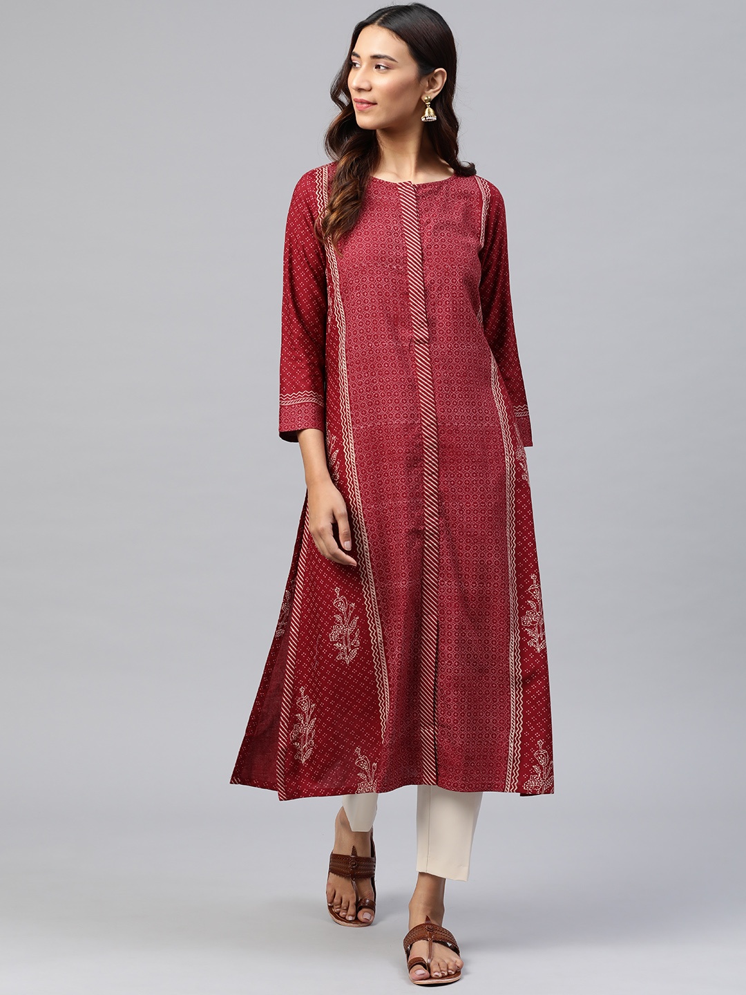 

Global Desi Women Maroon & Beige Ethnic Motifs Printed Ecovero Kurta