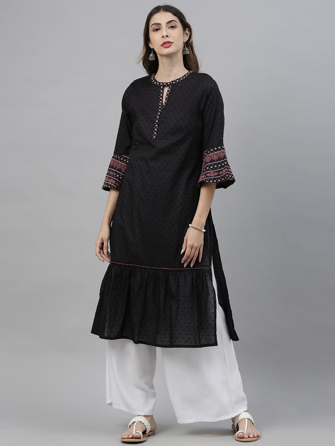 

Global Desi Women Black Geometric Embroidered Keyhole Neck Bell Sleeves Kurta