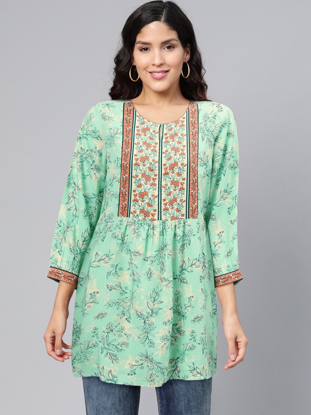 

Global Desi Women Sea Green & White Printed Ecovero Tunic