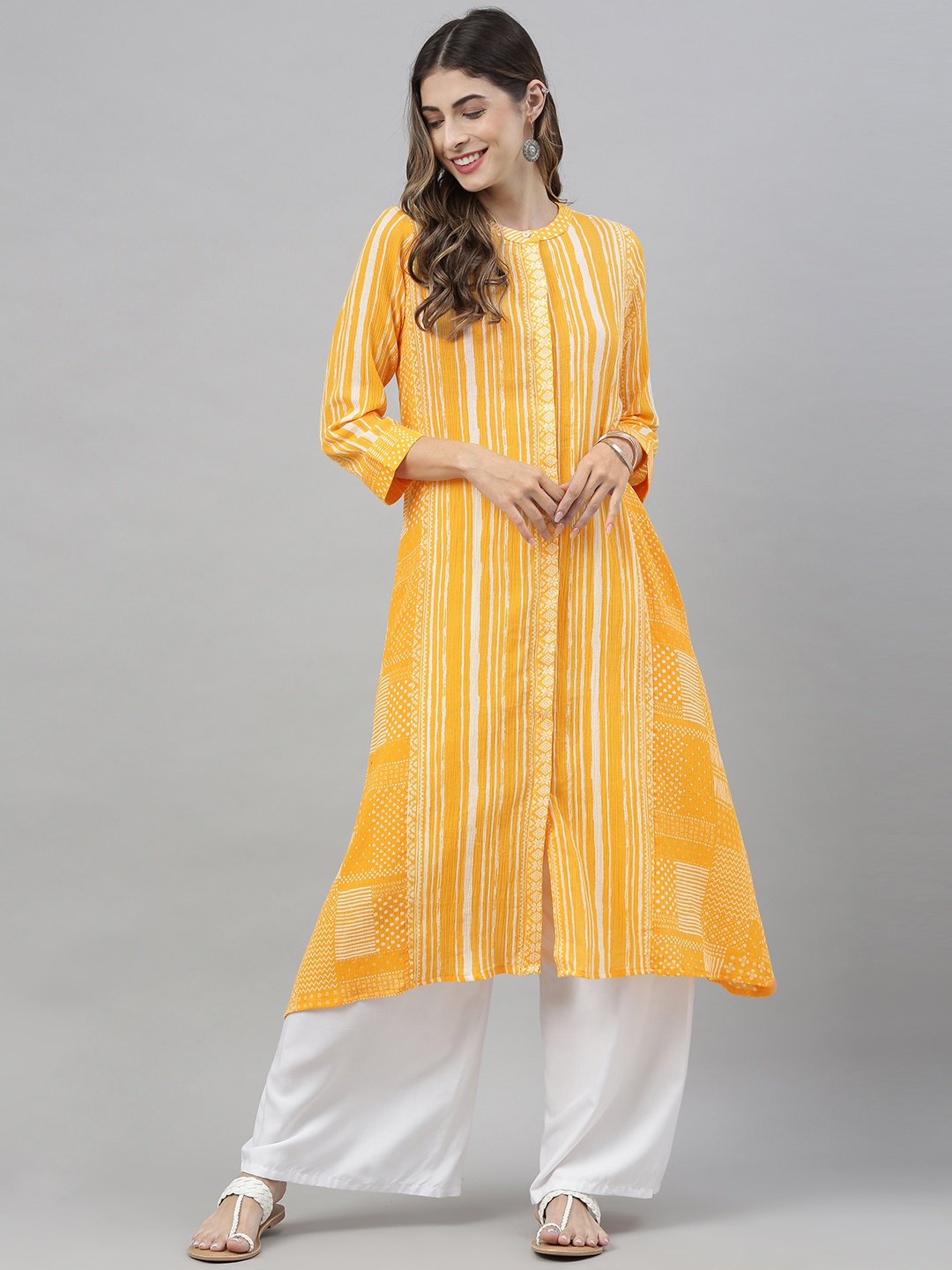 

Global Desi Women Mustard Yellow & White Striped A-Line Kurta