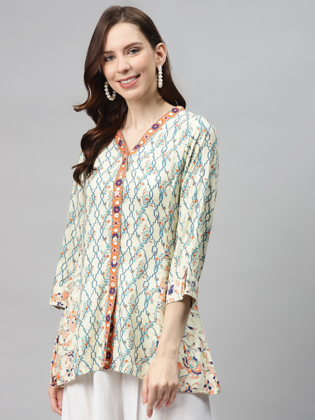 

Global Desi Women Beige & Blue Ethnic Print Sustainable A-Line Top