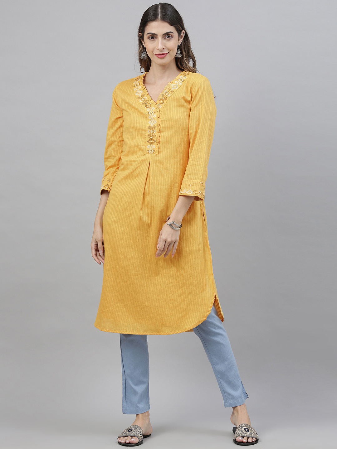 

Global Desi Women Mustard Yellow Striped Straight Kurta with Embroidery